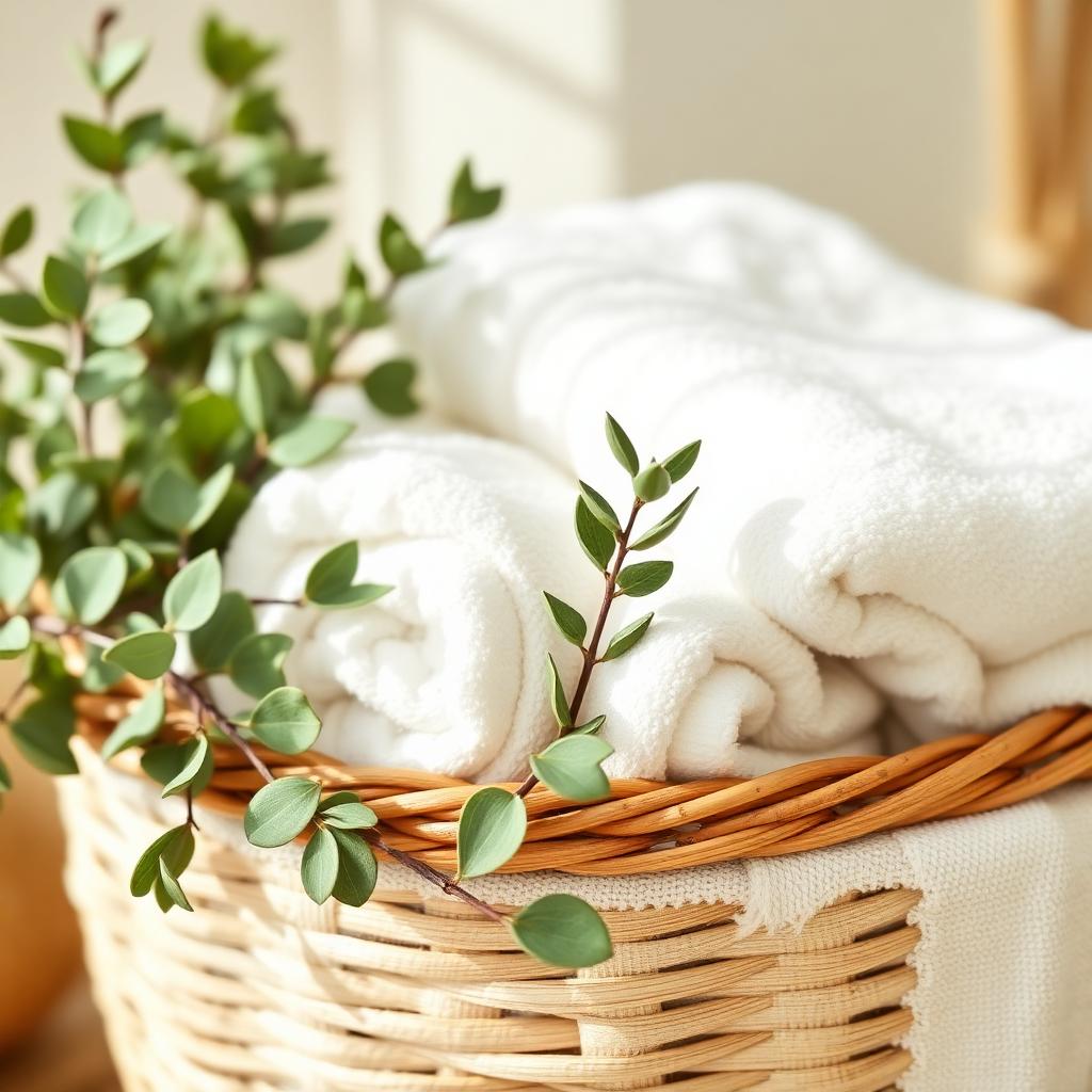 Fresh eucalyptus and rolled white towels