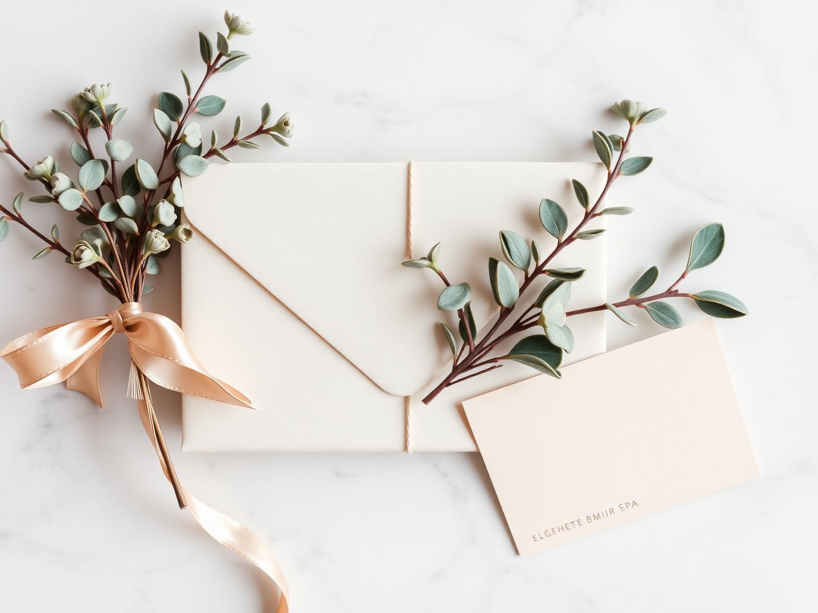 Elegant Vivre Beauty Studio gift card with eucalyptus and satin ribbon on marble