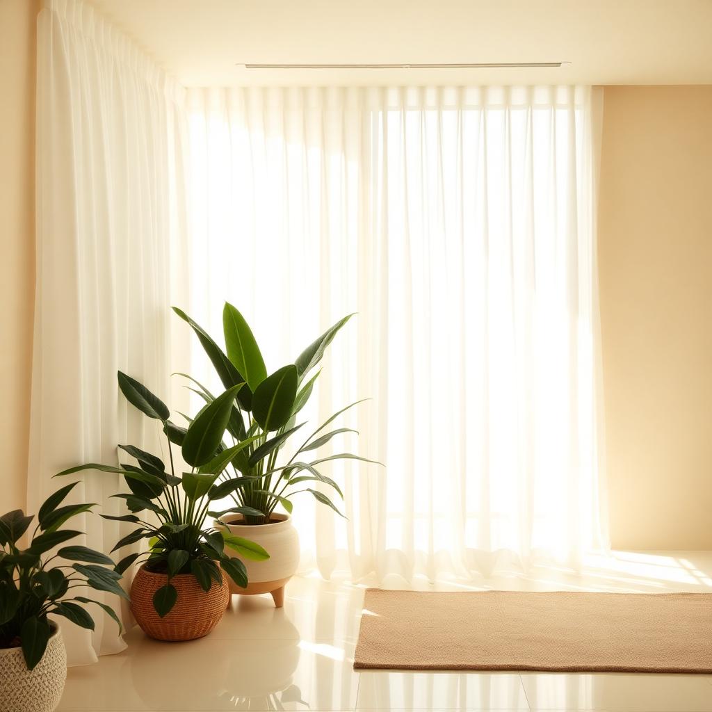 Bright spa corner with plants and sheer curtains