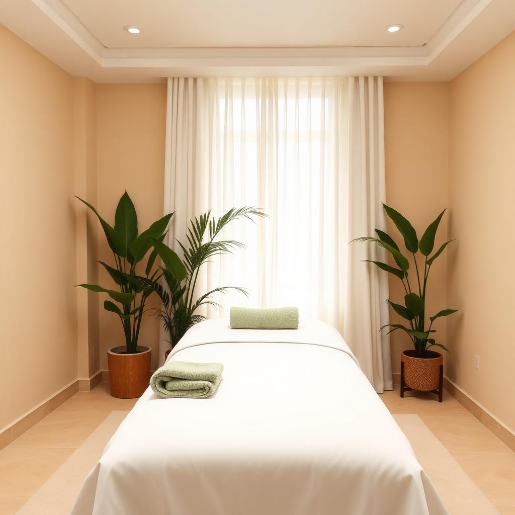 Minimalist treatment bed with sage towels